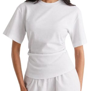 Review image: white short sleeve top with gathered waist. Product facts unverified.