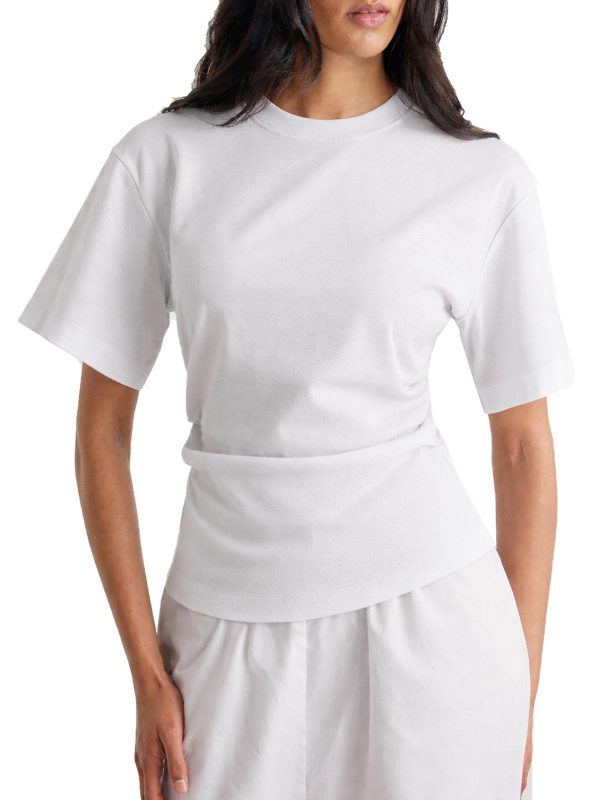 PLACEHOLDER Puedizux review 03 Review image: white short sleeve top with gathered waist. Product facts unverified.
